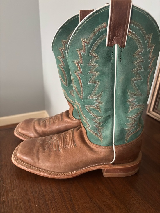 Justin Boots - Turquoise & Tan Leather Cowboy Boots - Picture 3 of 5